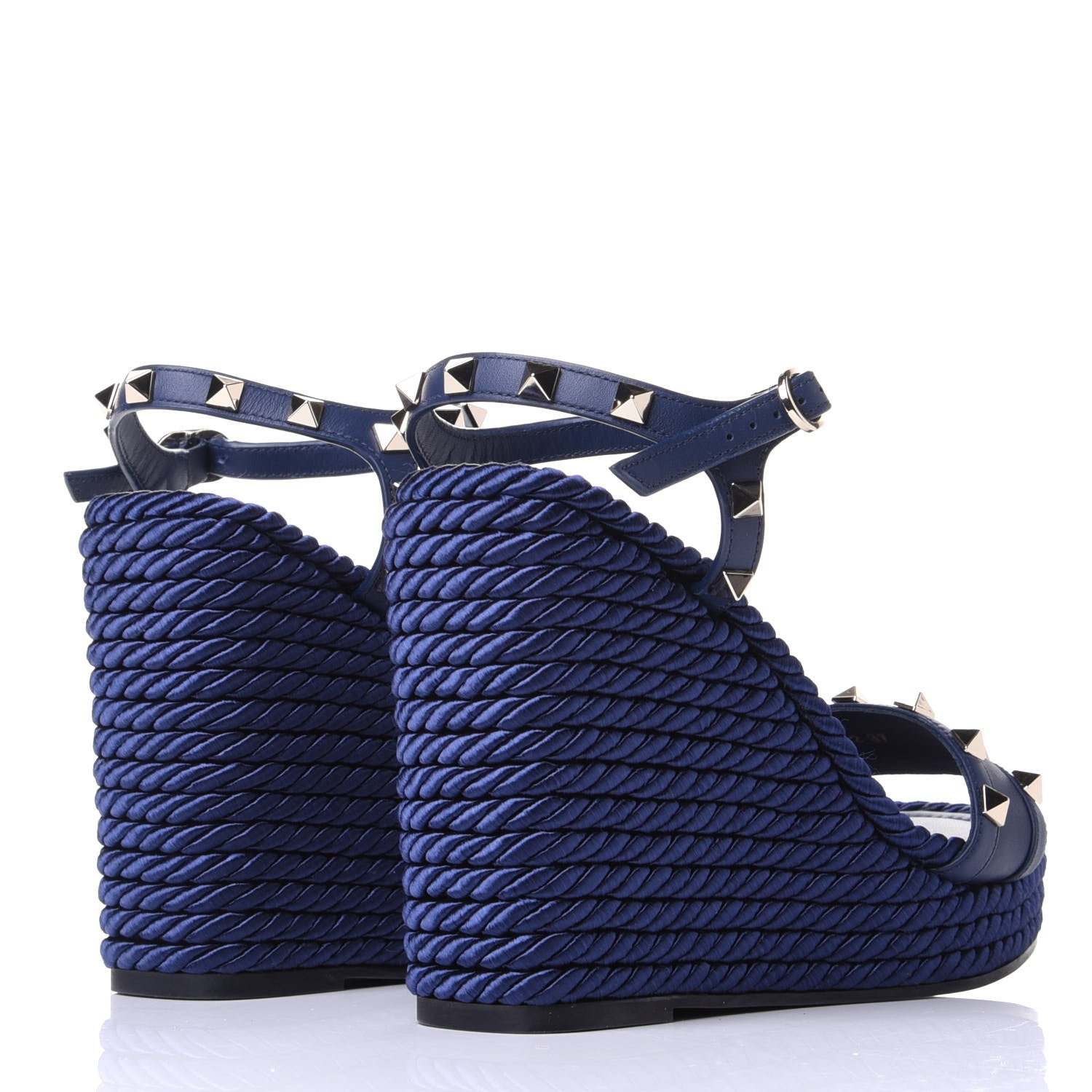 Valentino Garavani Calfskin Rockstud Torchon Espadrille Wedge Sandals 37 Pure Blue 5 of 10
