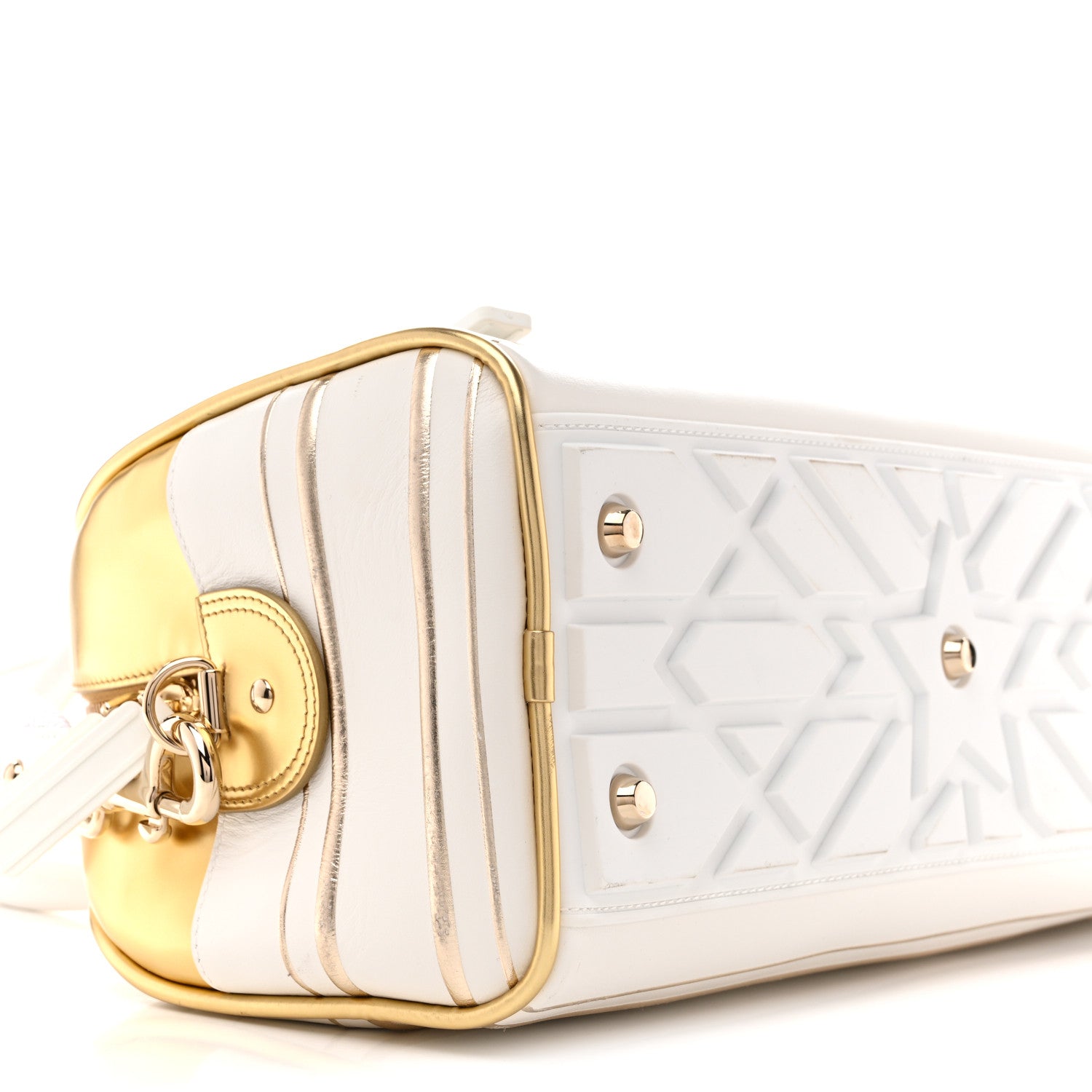Christian Dior Calfskin Padded Macrocannage Medium Dior Vibe Zip Bowling Bag White Gold 9 of 13