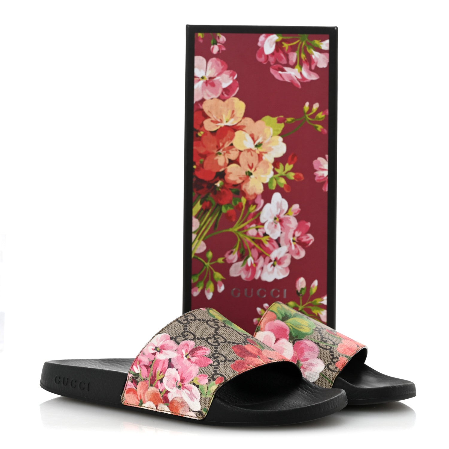 Gucci GG Supreme Monogram Blooms Slide Sandals 37 Beige Multicolor