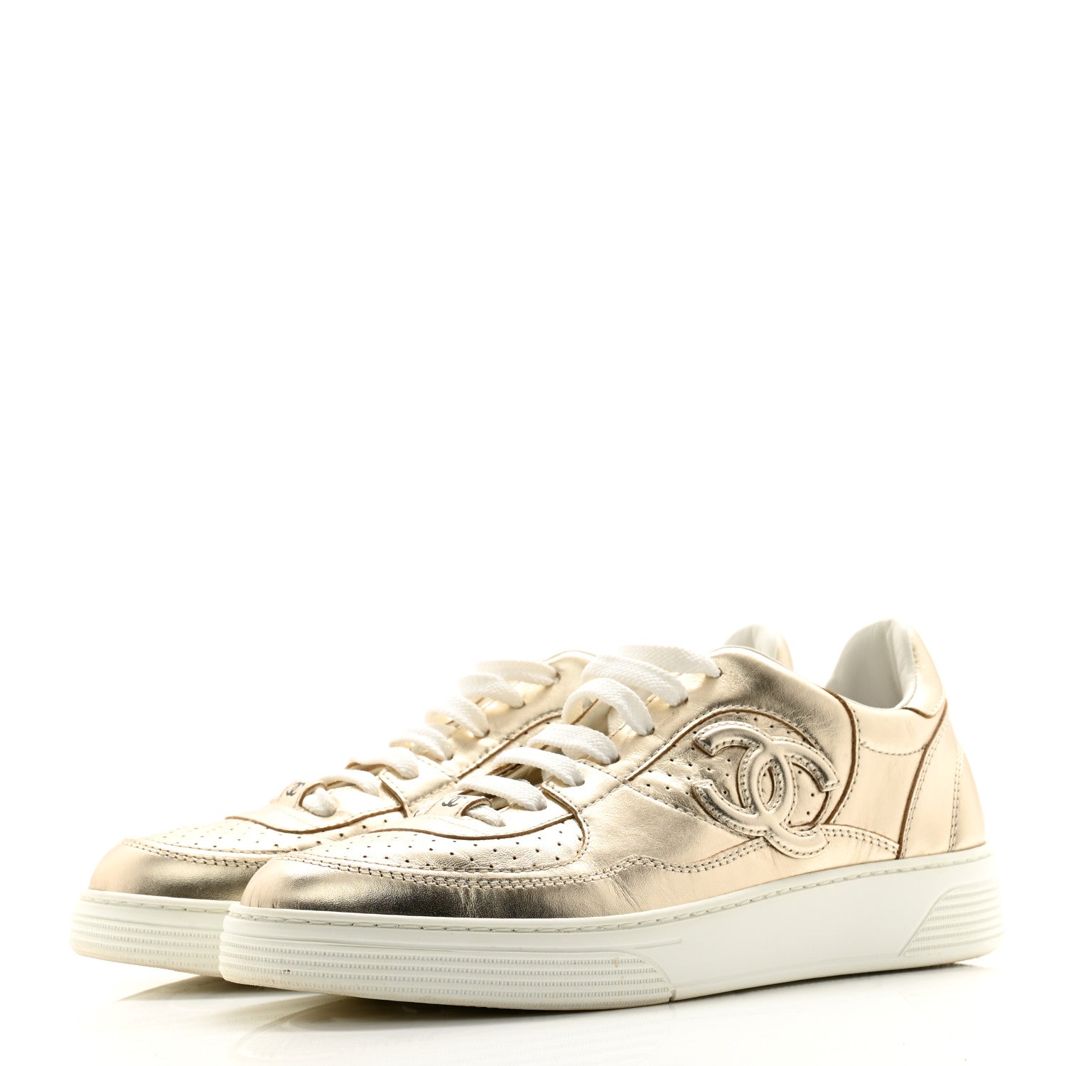 Chanel Laminated Calfskin CC Womens Sneakers 38 Golden 3 of 11