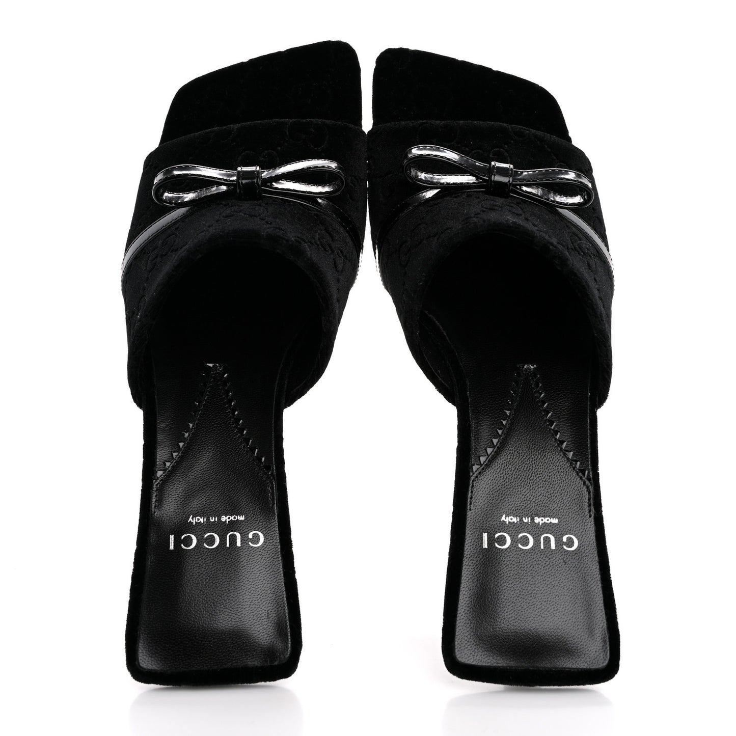 New Velvet Ashmir Regent Calfskin GG Monogram Square Toe Bow 45mm Slide Sandals 35.5 Black