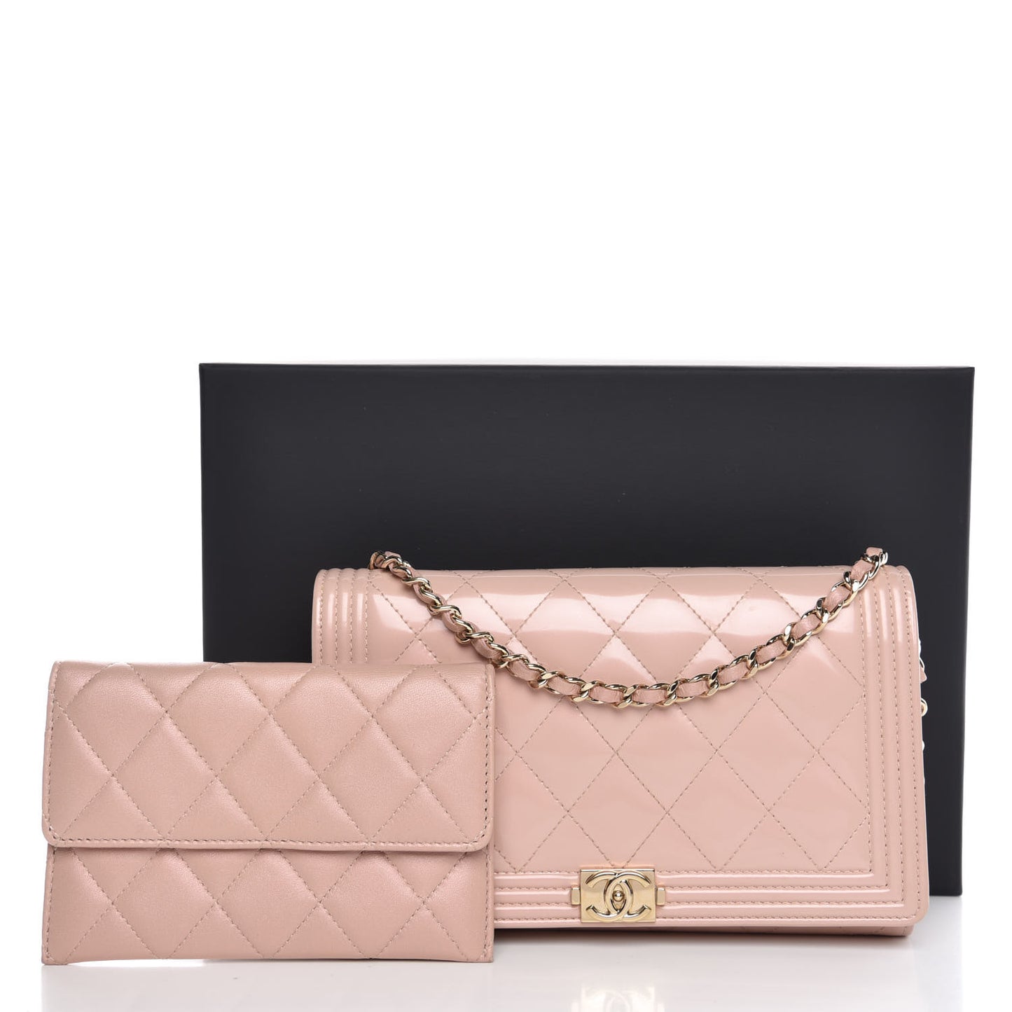 Iridescent Calfskin Quilted Boy Wallet on Removable Chain Light Pink