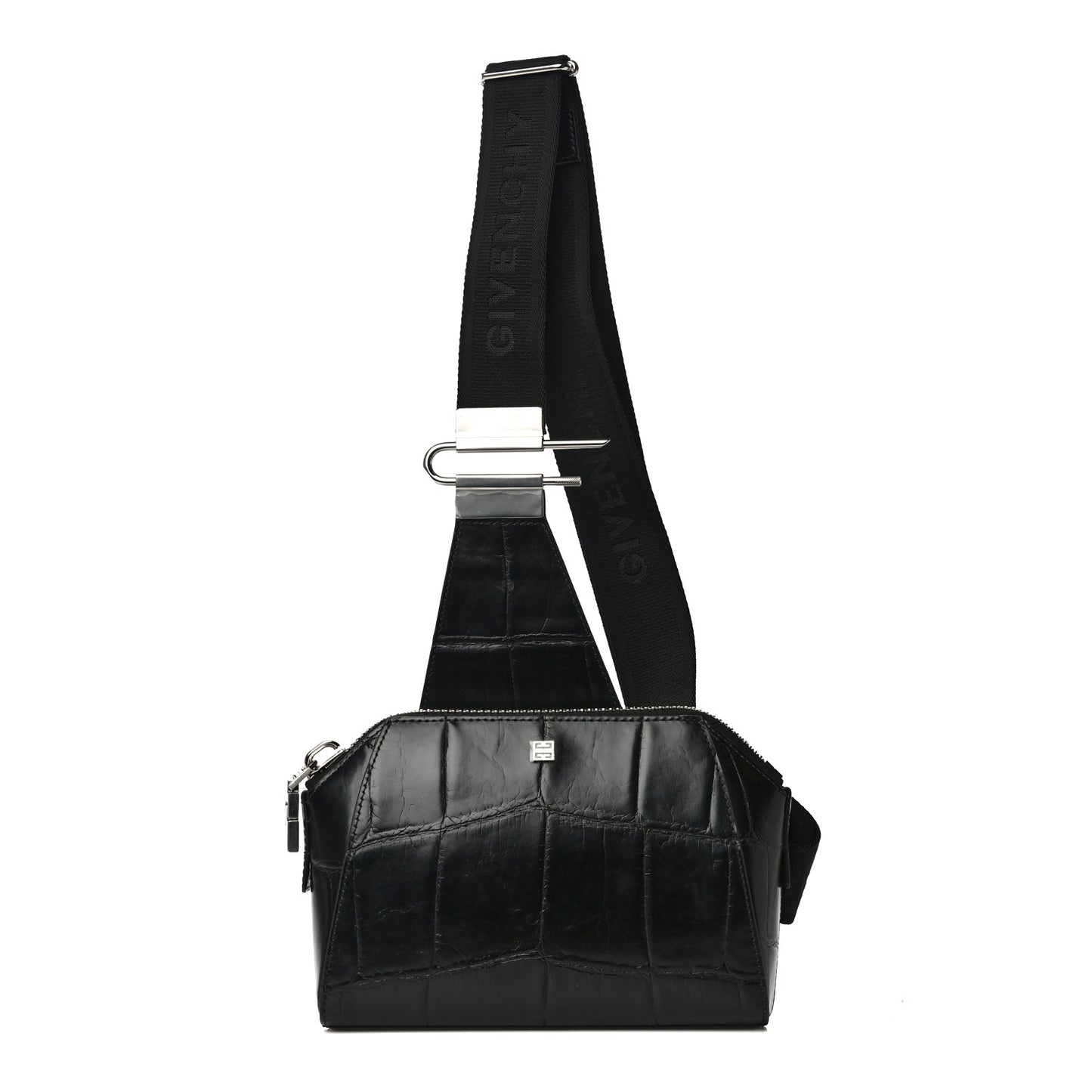 Calfskin Crocodile Embossed Antigona U Crossbody Bag Black