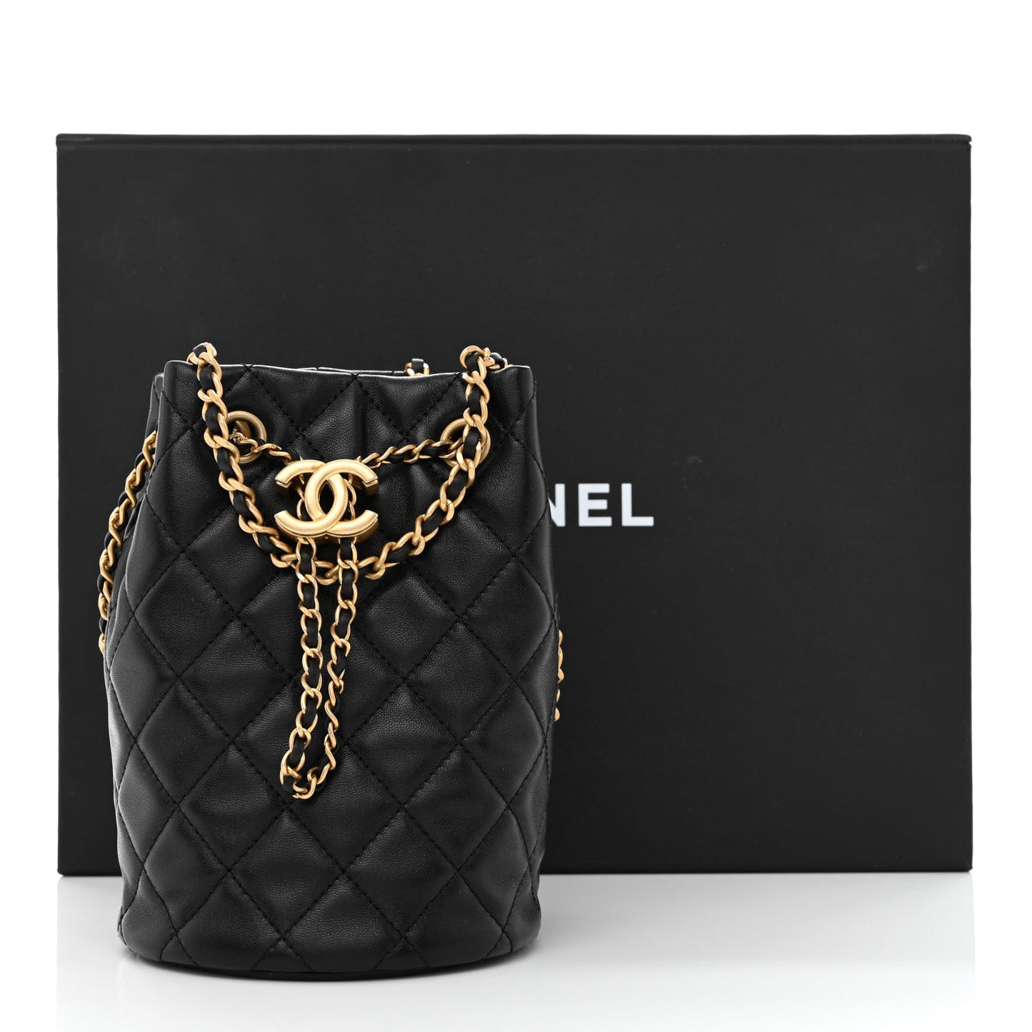 Lambskin Quilted Pearl Crush Drawstring Bag Black