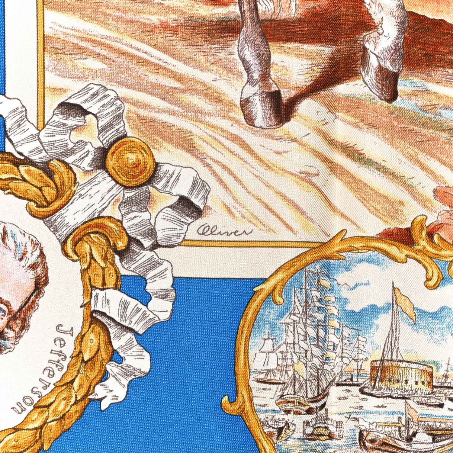 Hermes Silk Marquis De Lafayette Scarf 90 Mandarine Bleu Gitane Vieil Or 5 of 5