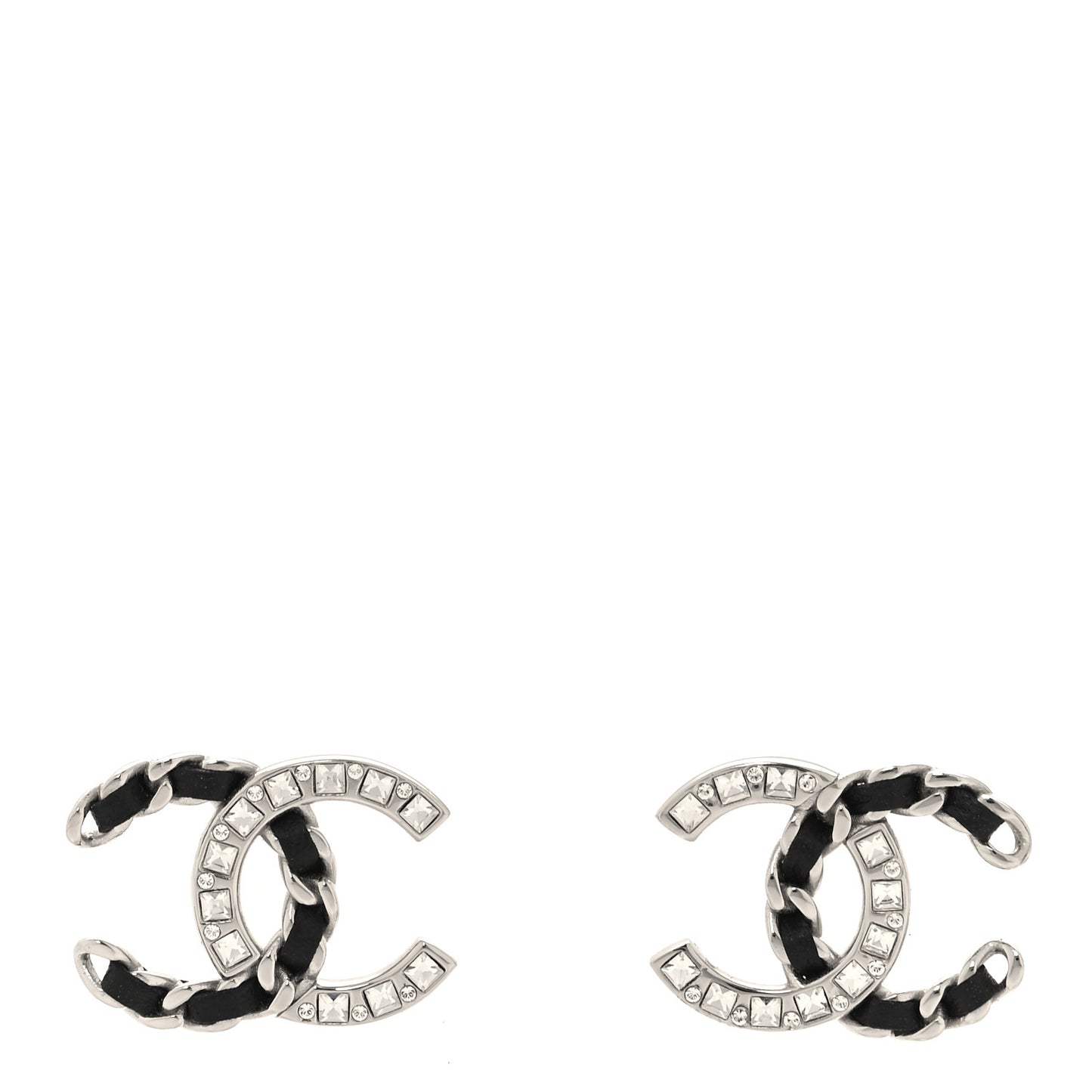 Crystal Baguette Lambskin Large CC Earrings Silver Black