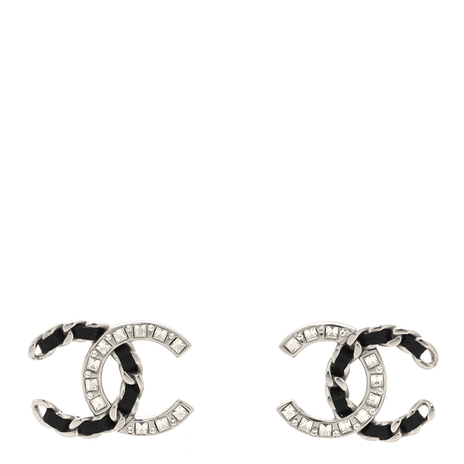 Chanel Crystal Baguette Lambskin Large CC Earrings Silver Black 1 of 4