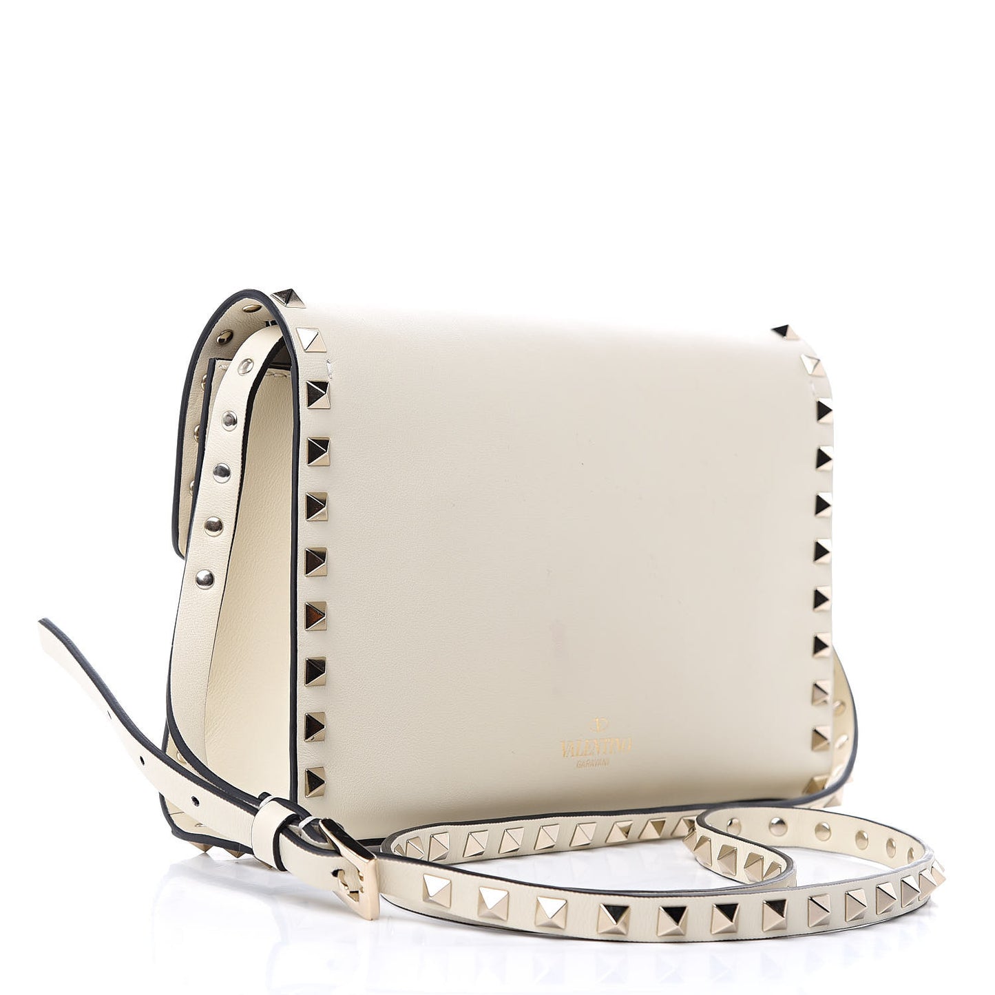 Vitello Medium Rockstud Flip Lock Crossbody Bag White