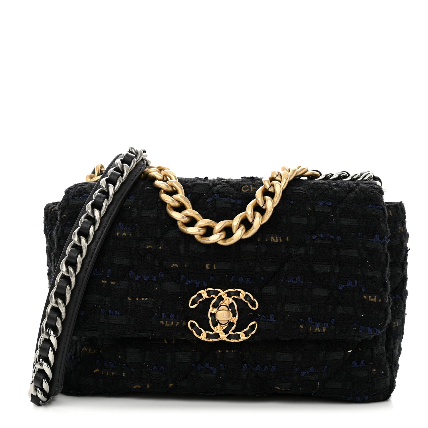 Tweed Quilted Medium Chanel 19 Flap Black Navy Gold