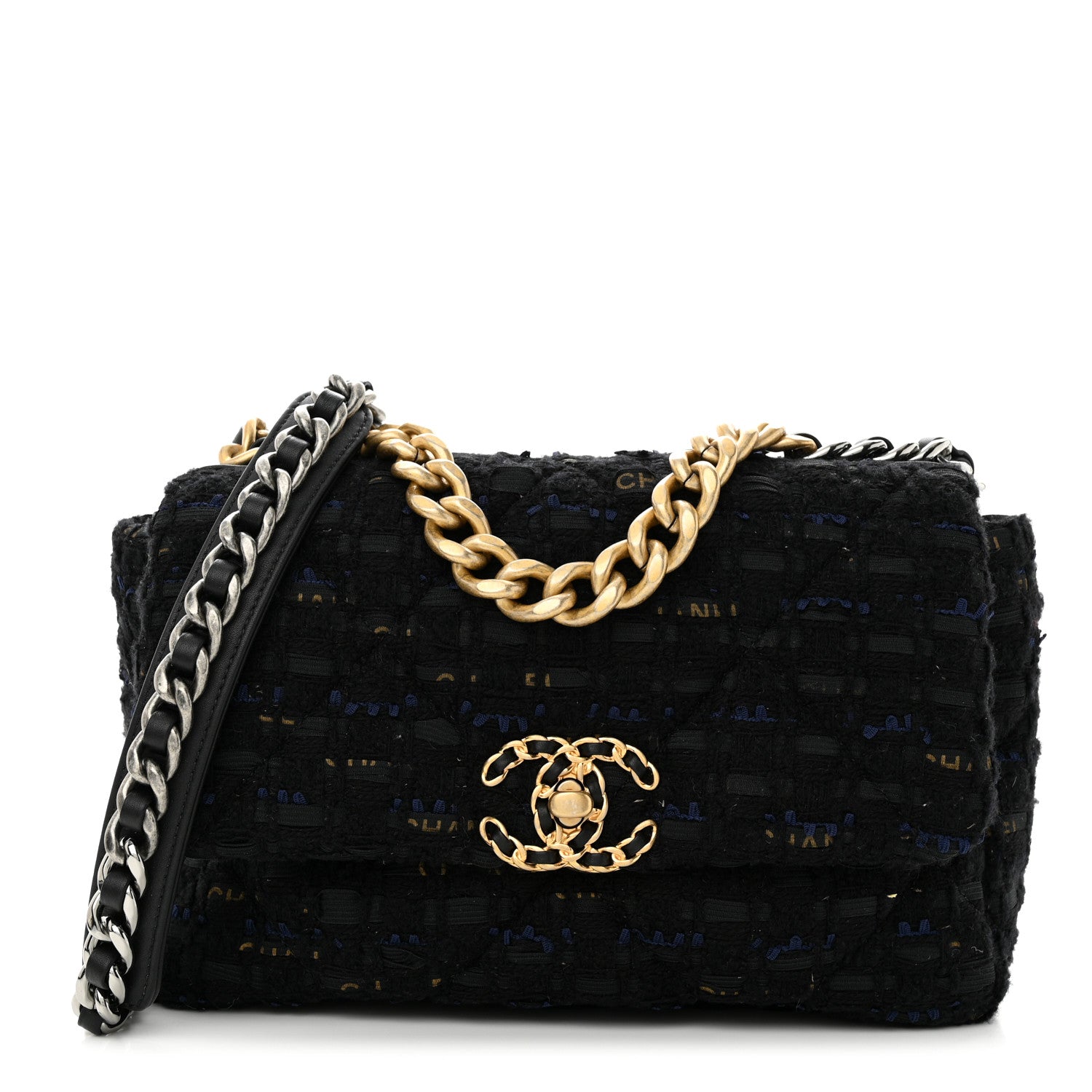 Chanel Tweed Quilted Medium Chanel 19 Flap Black Navy Gold 1 of 10