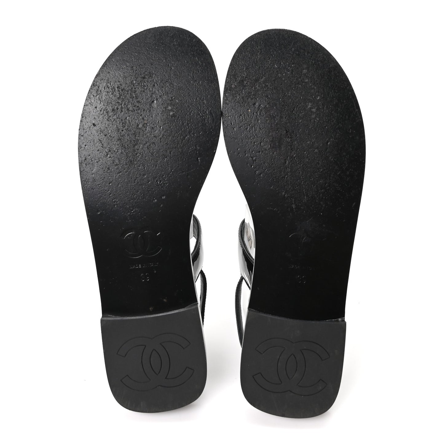 Calfskin Patent Chain CC Logo Thong Flat Sandals 39 Black
