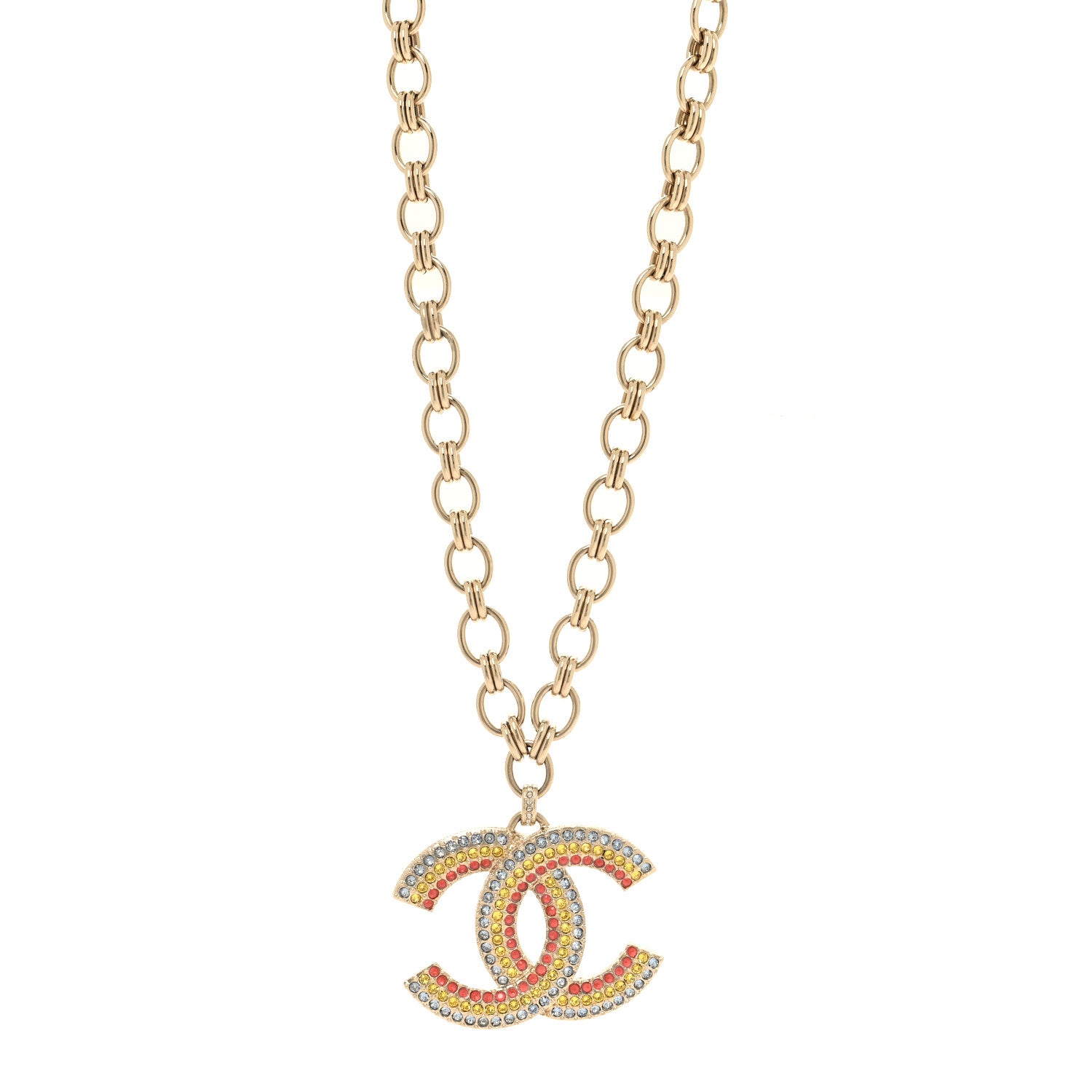 Chanel Crystal CC Long Pendant Necklace Gold Pink Yellow Blue 1 of 5