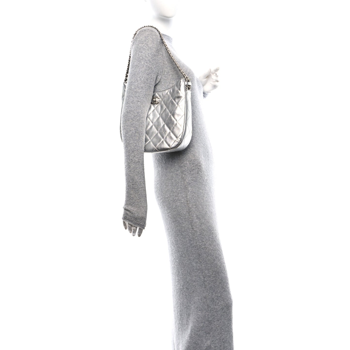 Metallic Lambskin Chain Rows Quilted Chain Hobo Silver
