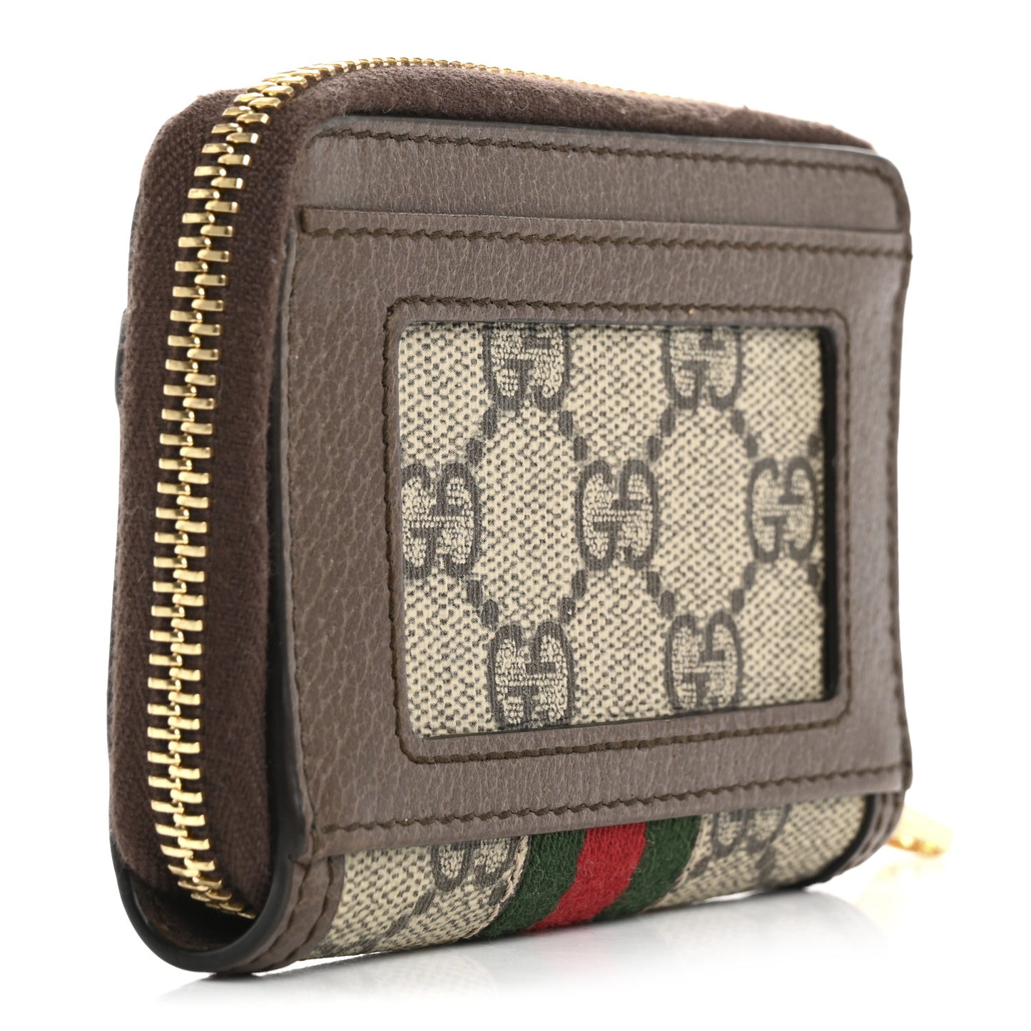 GG Supreme Monogram Textured Dollar Calfskin Web Ophidia Zip Around Card Case Wallet Beige Ebony New Acero