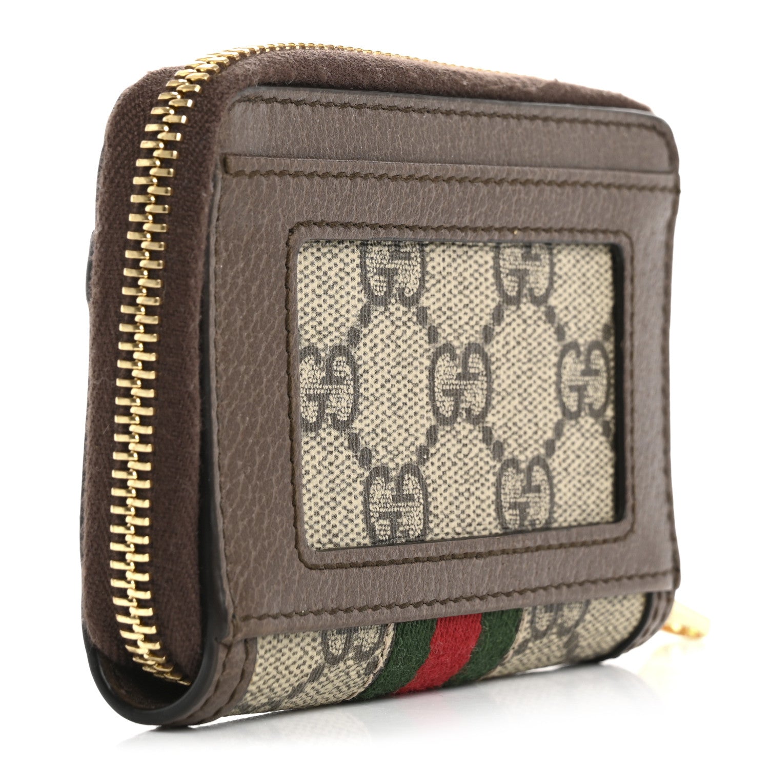 Gucci GG Supreme Monogram Textured Dollar Calfskin Web Ophidia Zip Around Card Case Wallet Beige Ebony New Acero 3 of 10