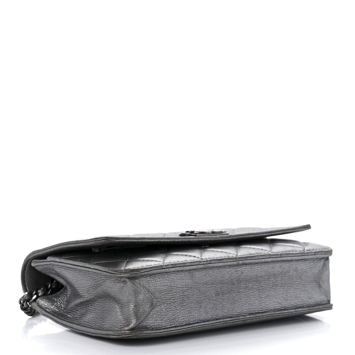 Metallic Calfskin Quilted Boy Wallet On Chain WOC Silver