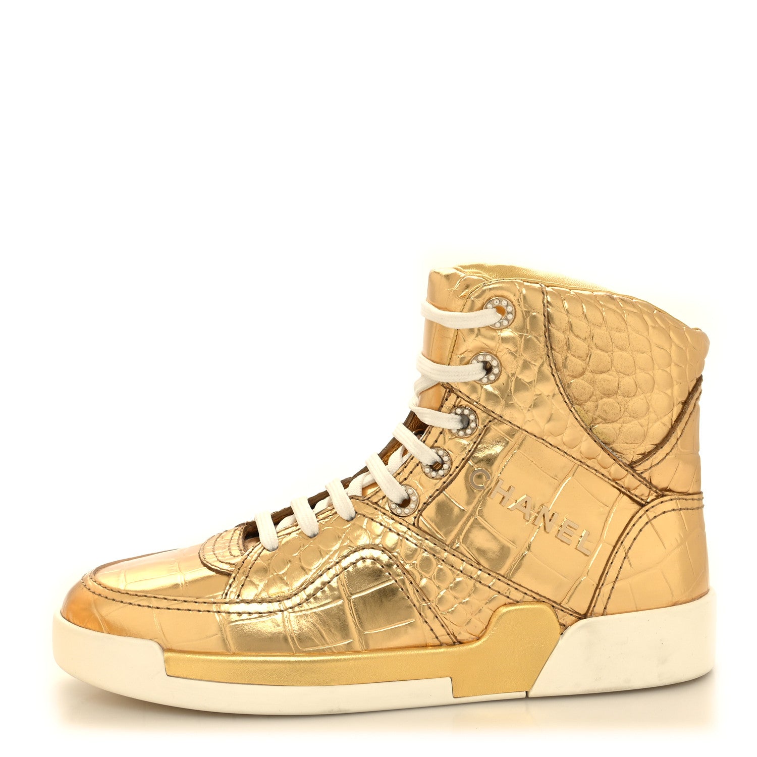 Chanel Metallic Calfskin Crocodile Embossed Cocodile High Top Sneakers 38 Gold 1 of 8