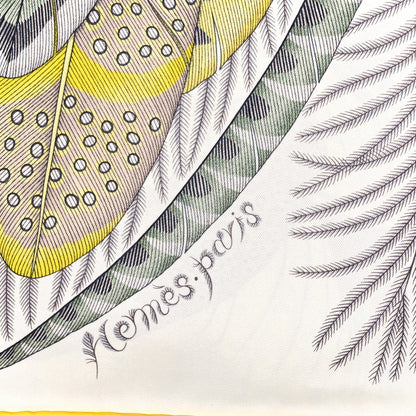 Hermes Silk Plumes En Fete Scarf 90 Blanc Jaune Mauve 2 of 3