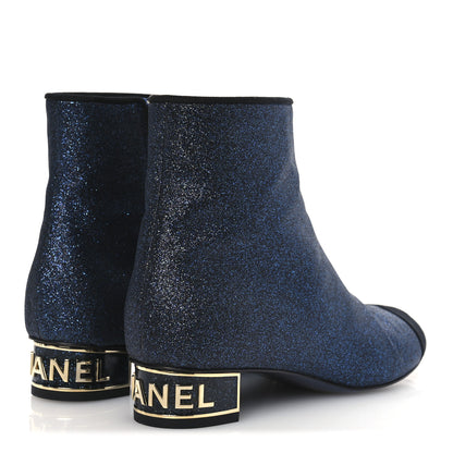 Chanel Sequin Grosgrain Cap Toe Logo Short Boots 37 Navy Black 5 of 11