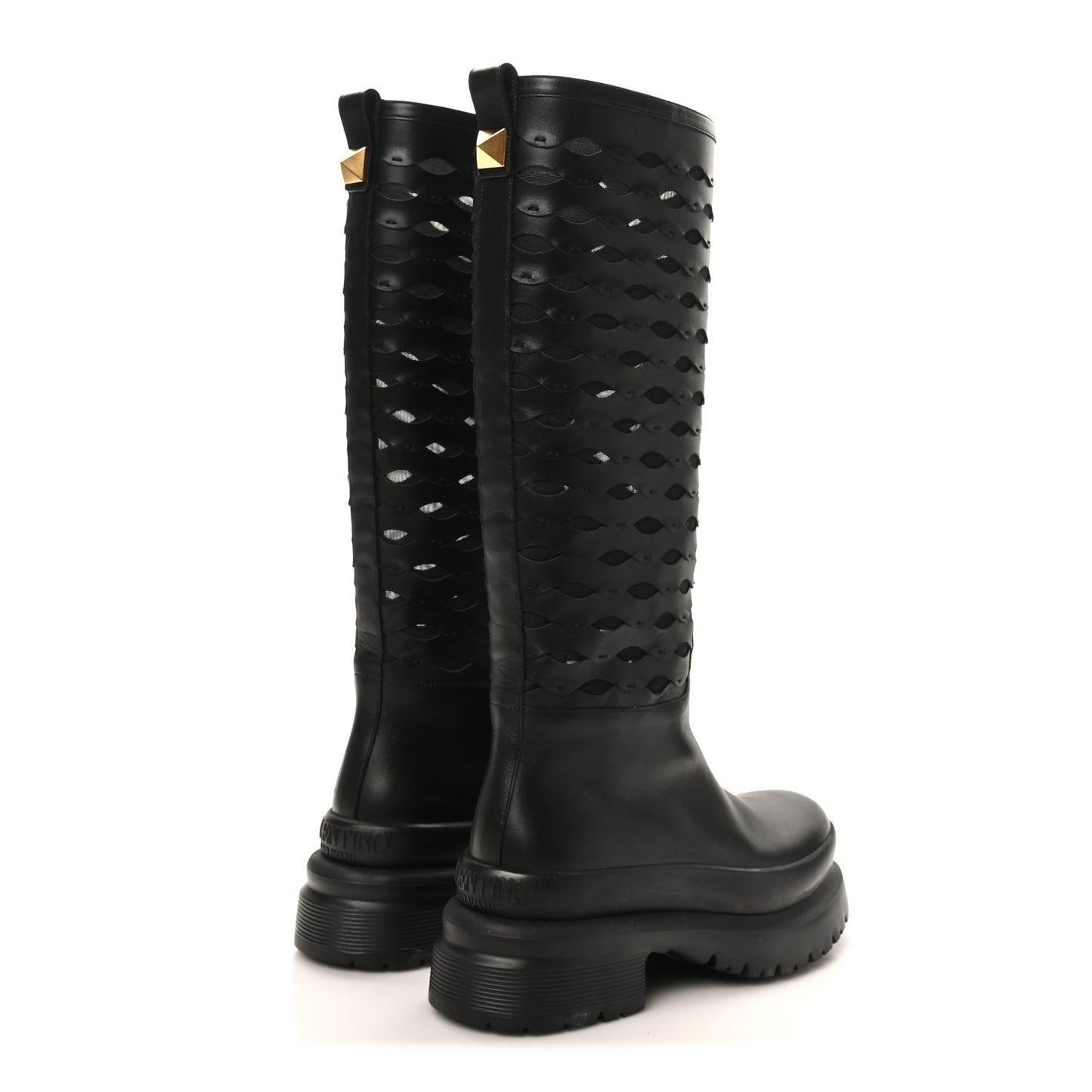 Calfskin Mesh Roman Stud Laser Cut Knee High Boots 37 Black