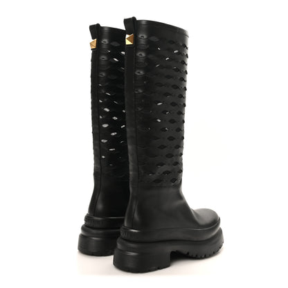 Valentino Garavani Calfskin Mesh Roman Stud Laser Cut Knee High Boots 37 Black 5 of 11