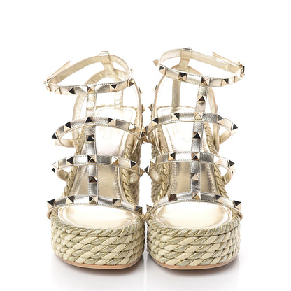 Valentino Garavani Metallic Nappa Rockstud Ankle Strap Torchon Espadrille Caged 25/95mm Wedge Sandals 37 Platino 2 of 7