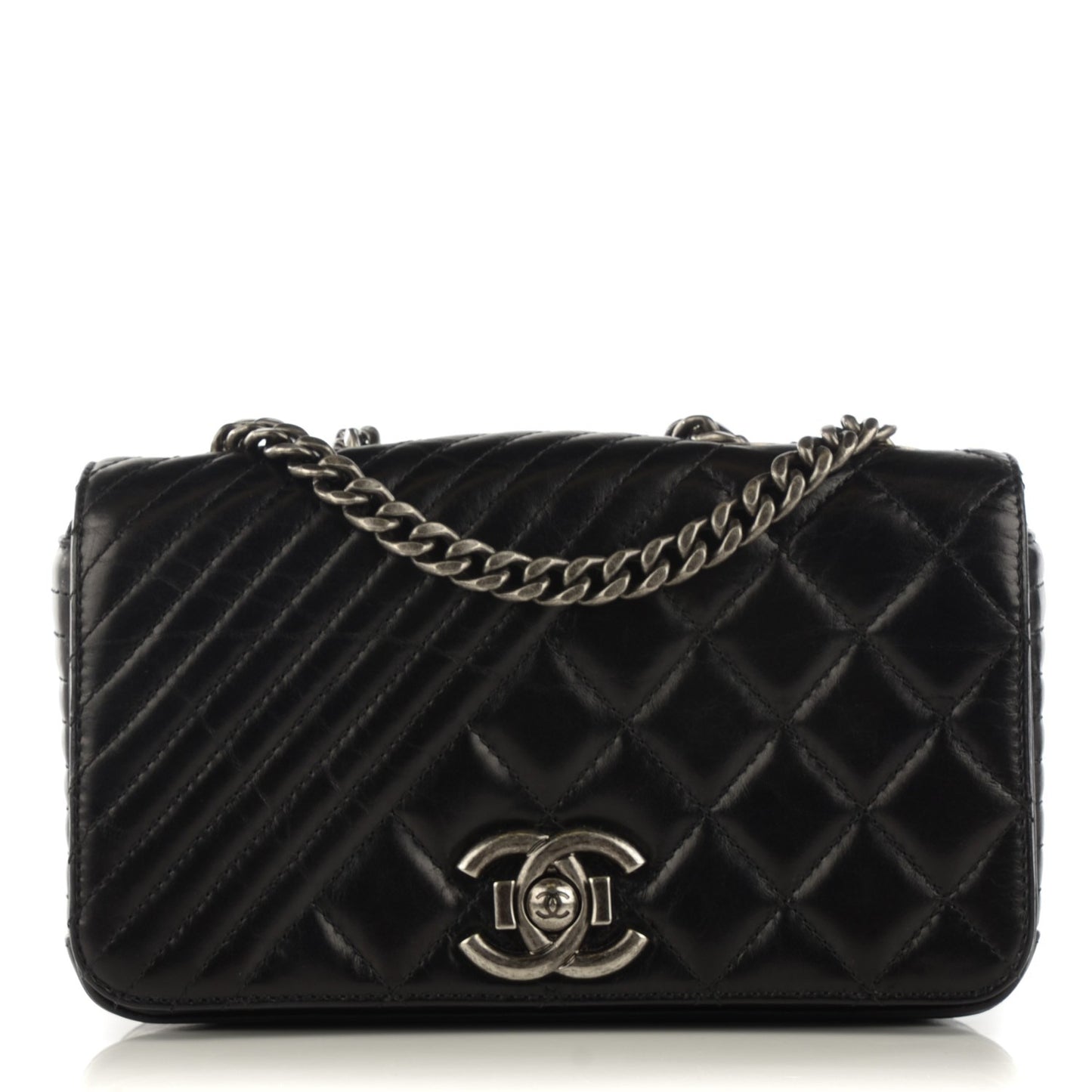 Glazed Calfskin Quilted Small Coco Boy Flap Black