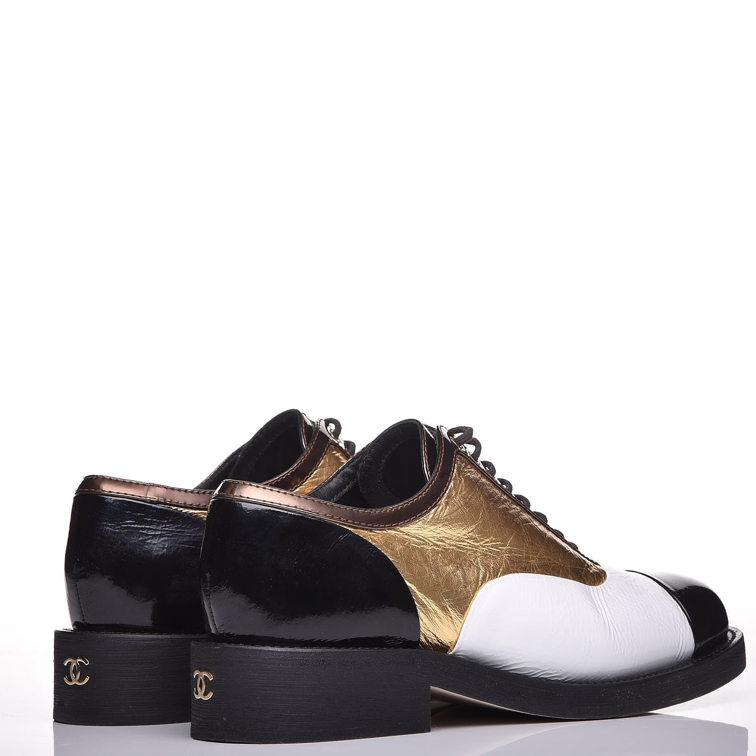 Chanel Crumpled Lambskin Patent CC Lace Up Oxfords 38 White Gold Black 4 of 10