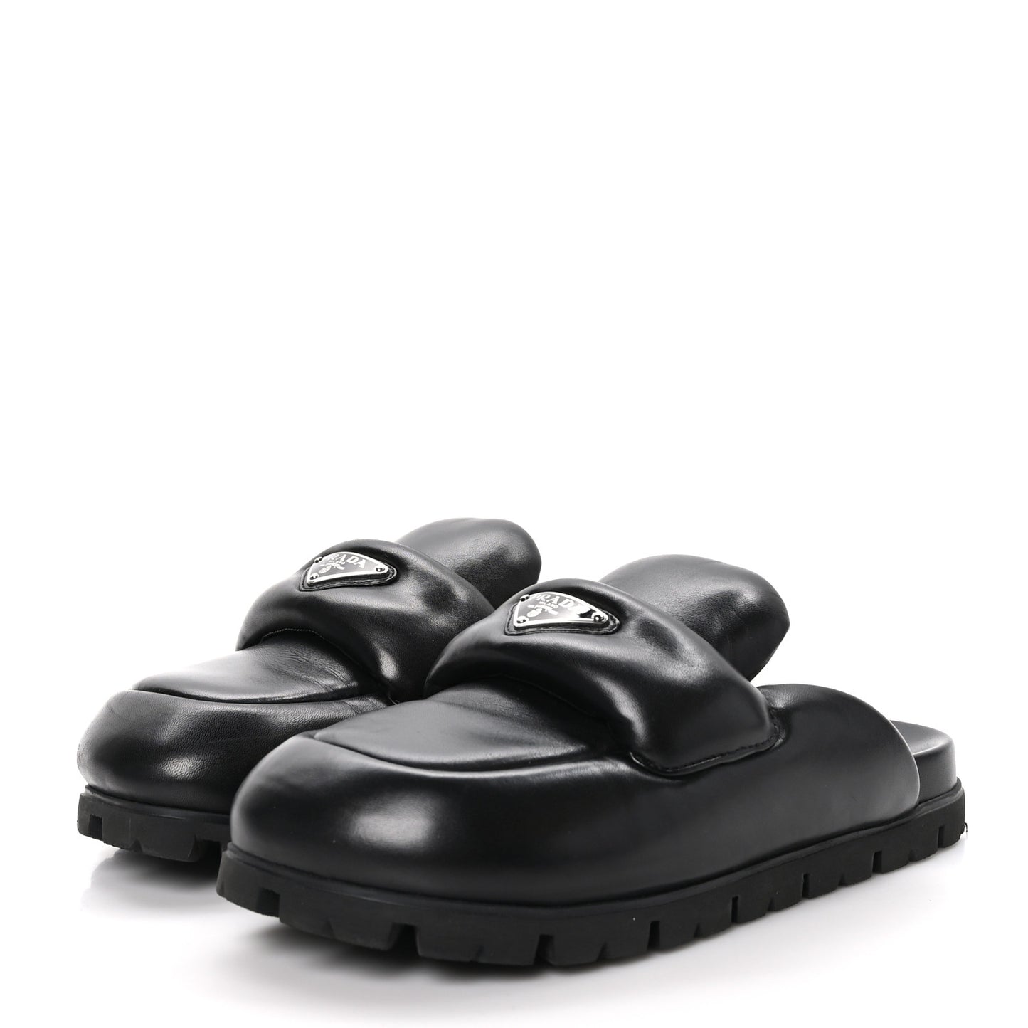 Nappa Soft Padded Metal Triangle Logo Lug Sole 20mm Mules 39 Black