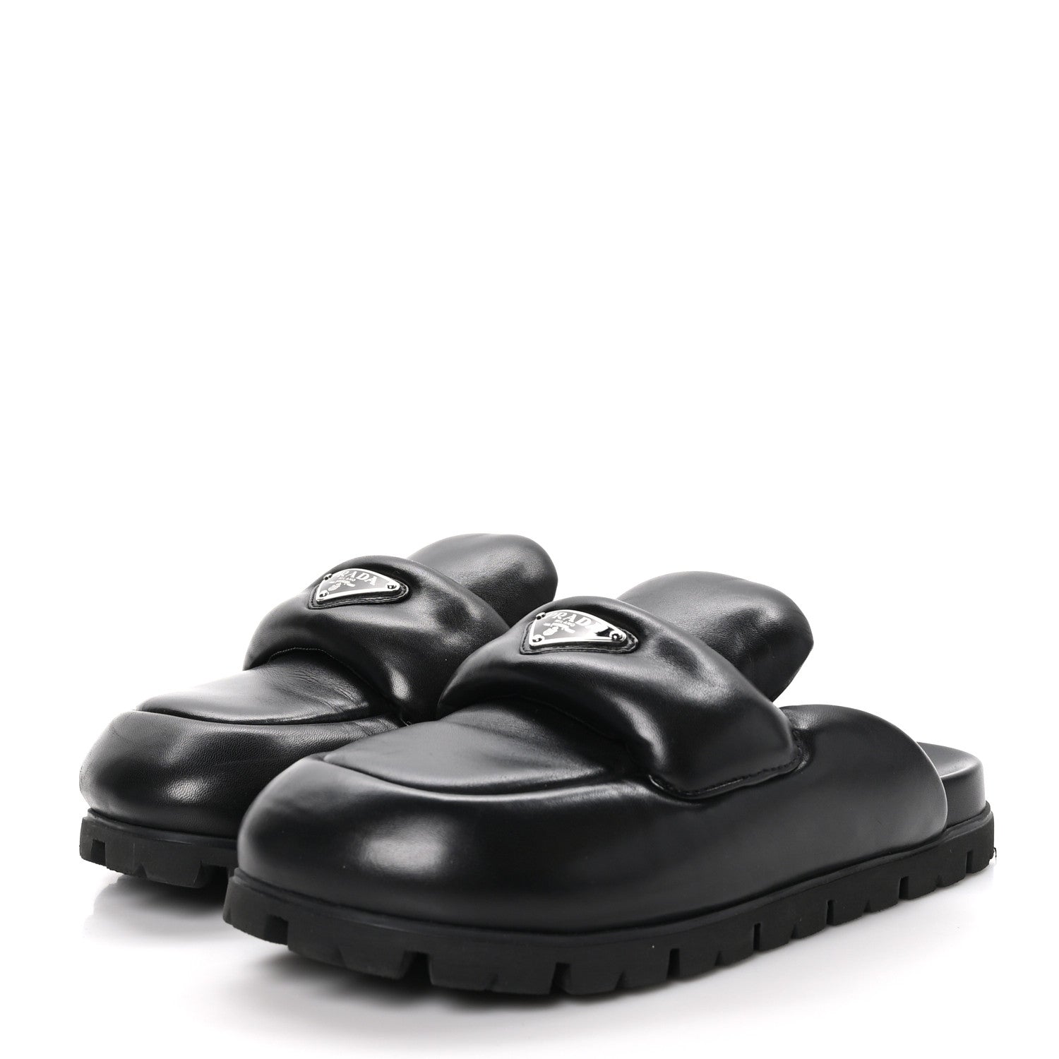 Prada Nappa Soft Padded Metal Triangle Logo Lug Sole 20mm Mules 39 Black 3 of 9