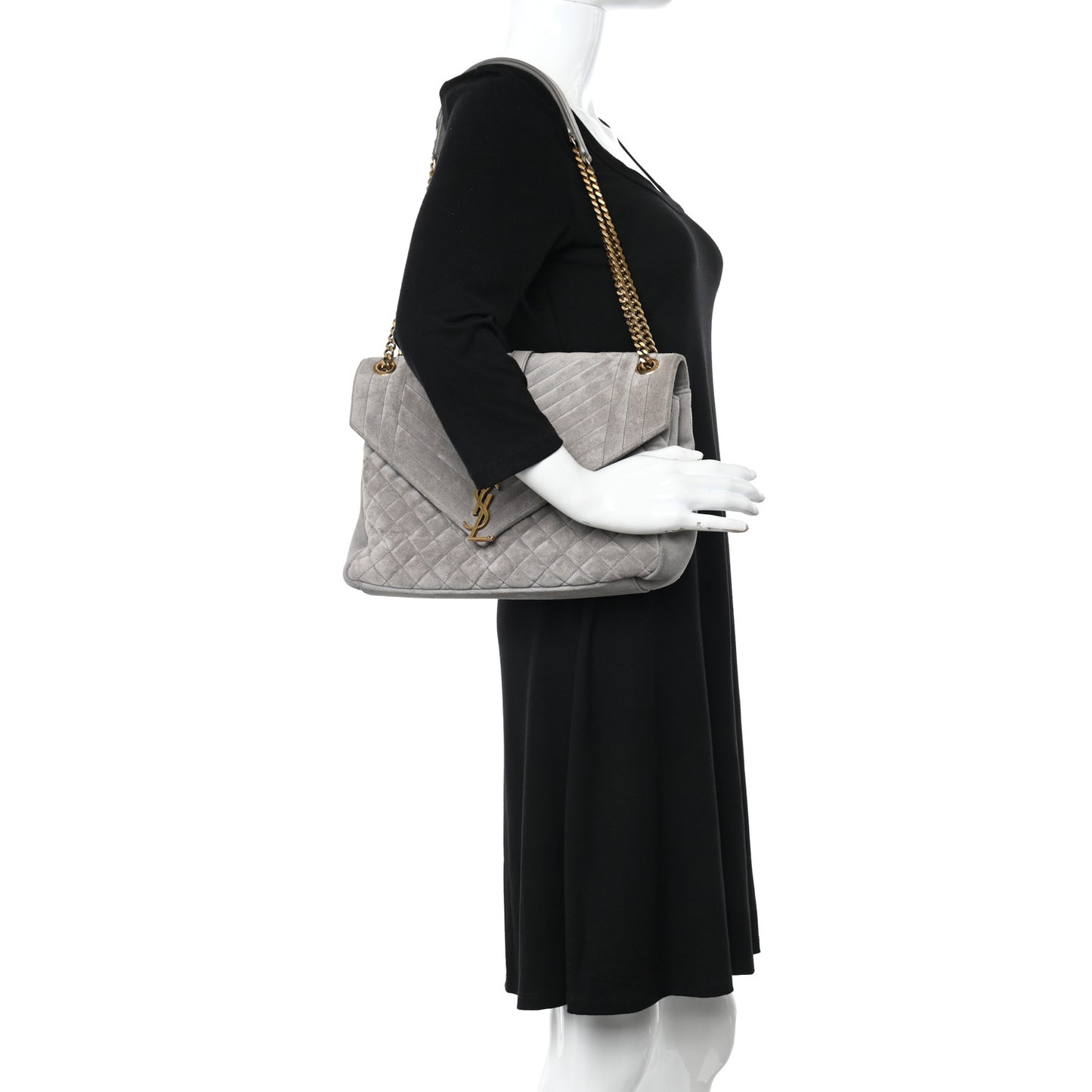 Suede Mixed Matelasse Tri-Quilt Large Monogram Envelope Satchel Grey