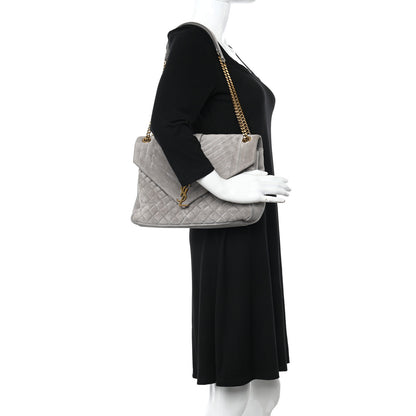 Saint Laurent Suede Mixed Matelasse Tri-Quilt Large Monogram Envelope Satchel Grey 2 of 11