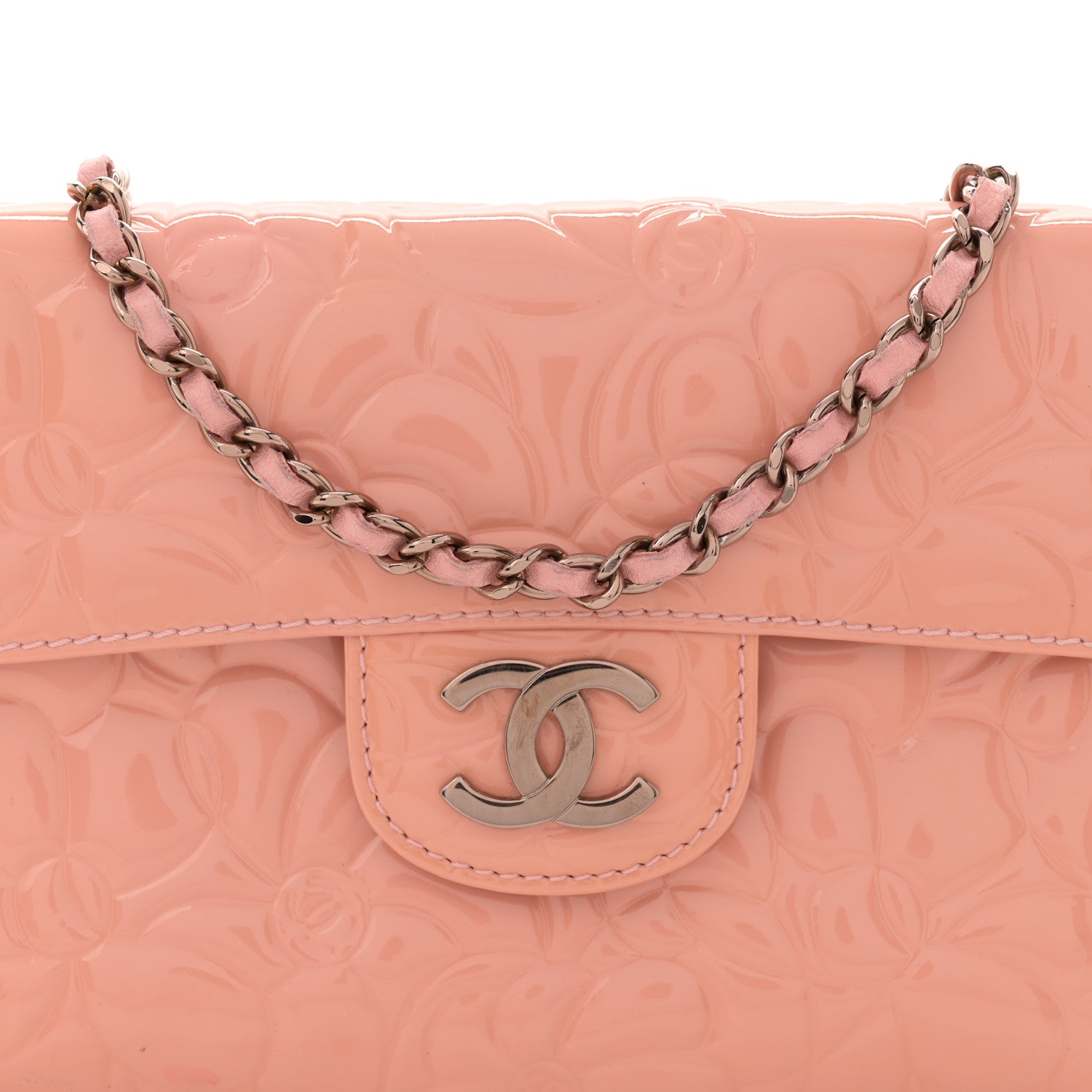 Chanel Patent Calfskin Camellia Embossed Flap Pochette Pink 8 of 13