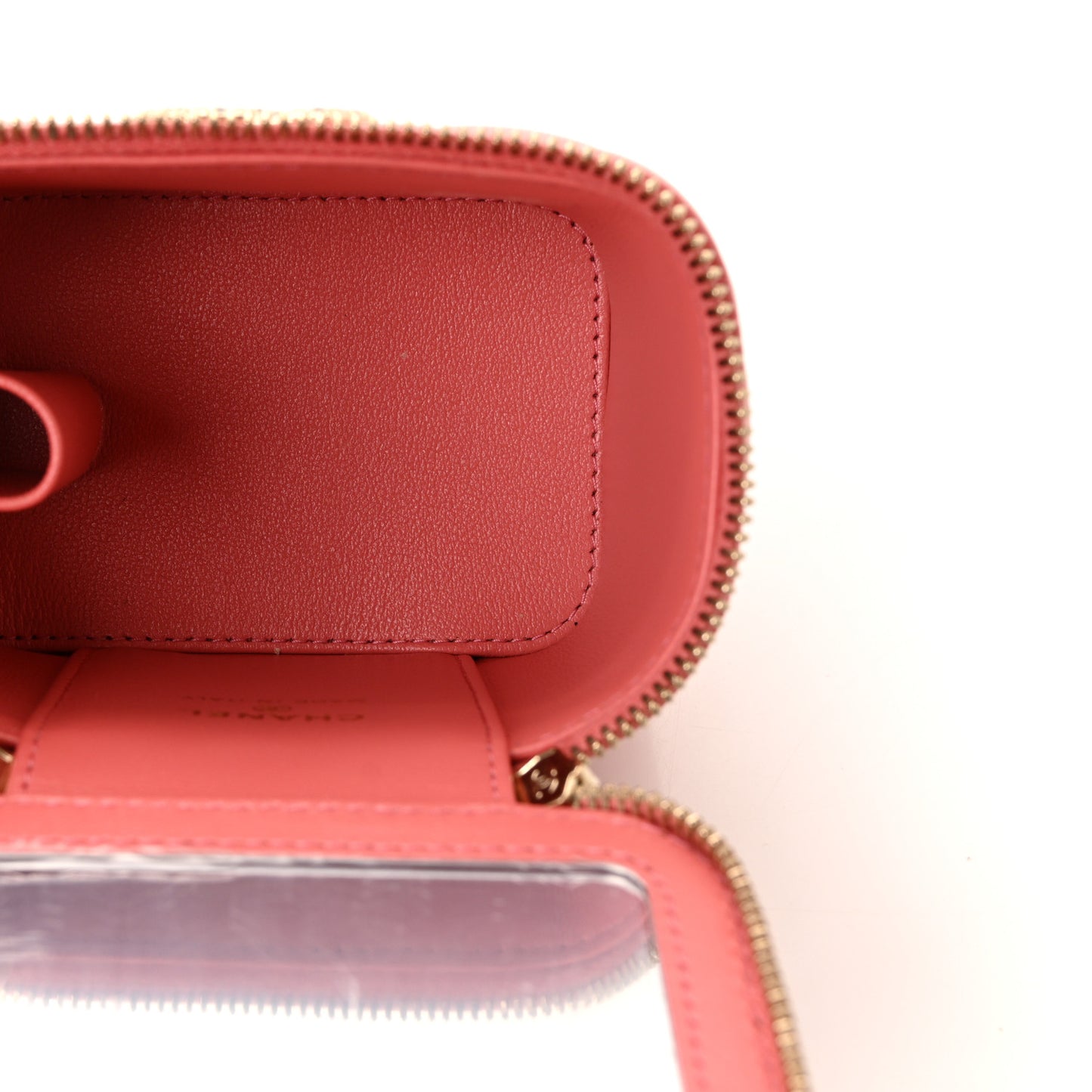 Lambskin Quilted Crystal Top Handle Mini Vanity Case With Chain Coral