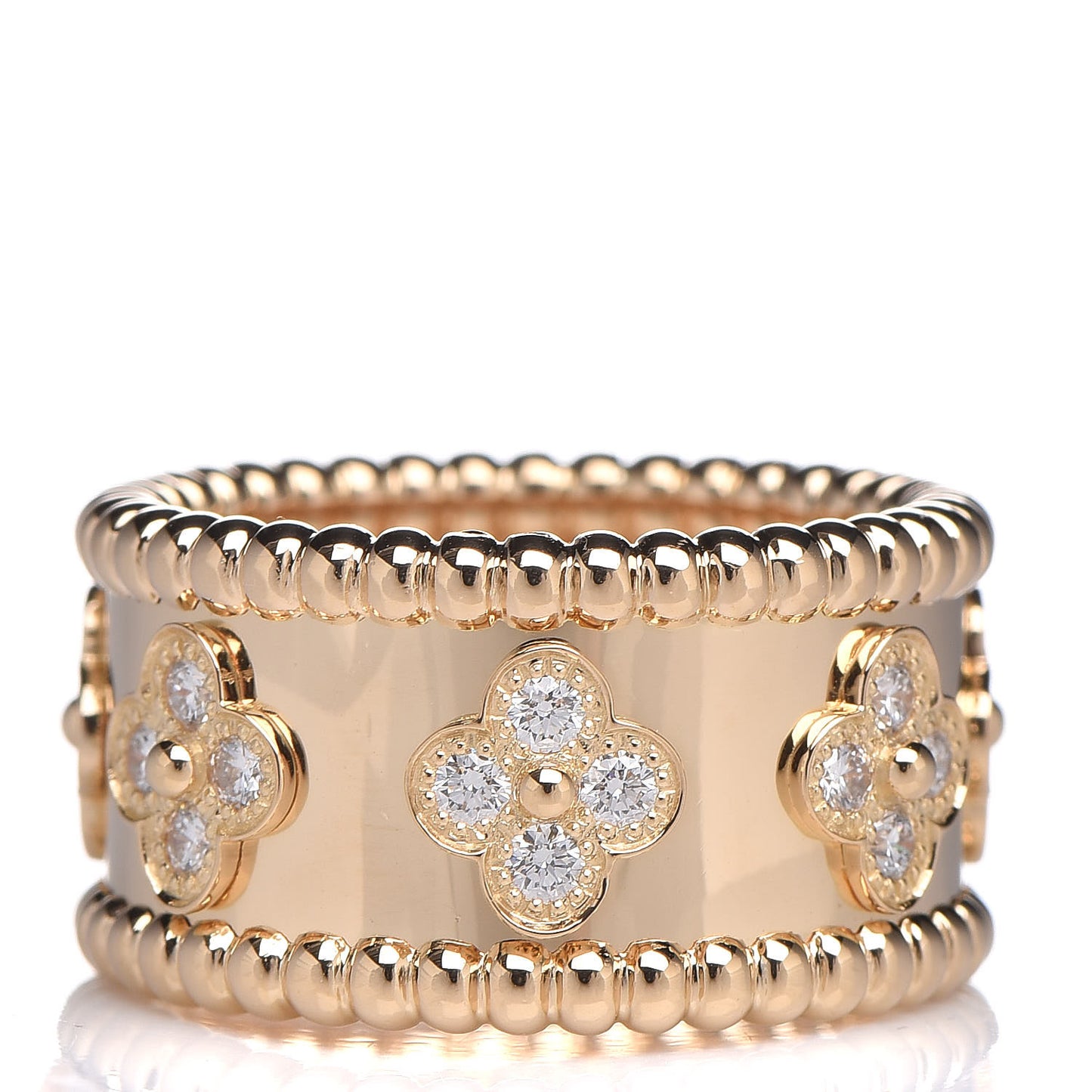 18K Yellow Gold Diamond Perlee Clovers Ring 50 5.25