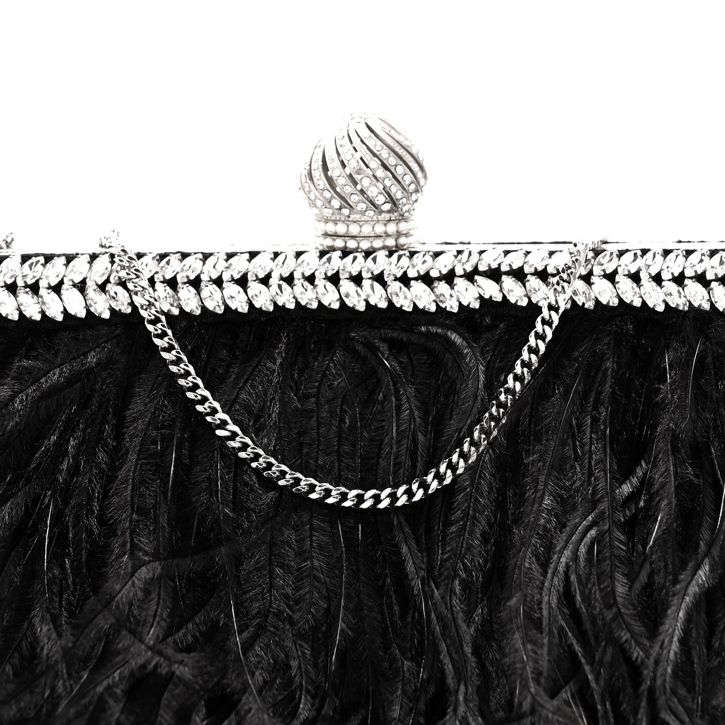 Satin Feather Crystal Embellished Celeste Clutch Black