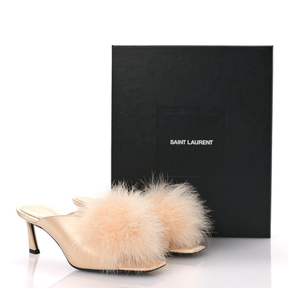 Saint Laurent Crepe Satin Blanco 60 Feathered Mule Sandals 36 Beige 9 of 11