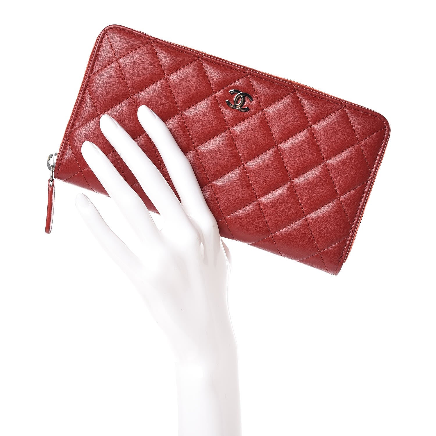 Chanel Lambskin Quilted Large Gusset Zip Around Wallet Red 2 of 9
