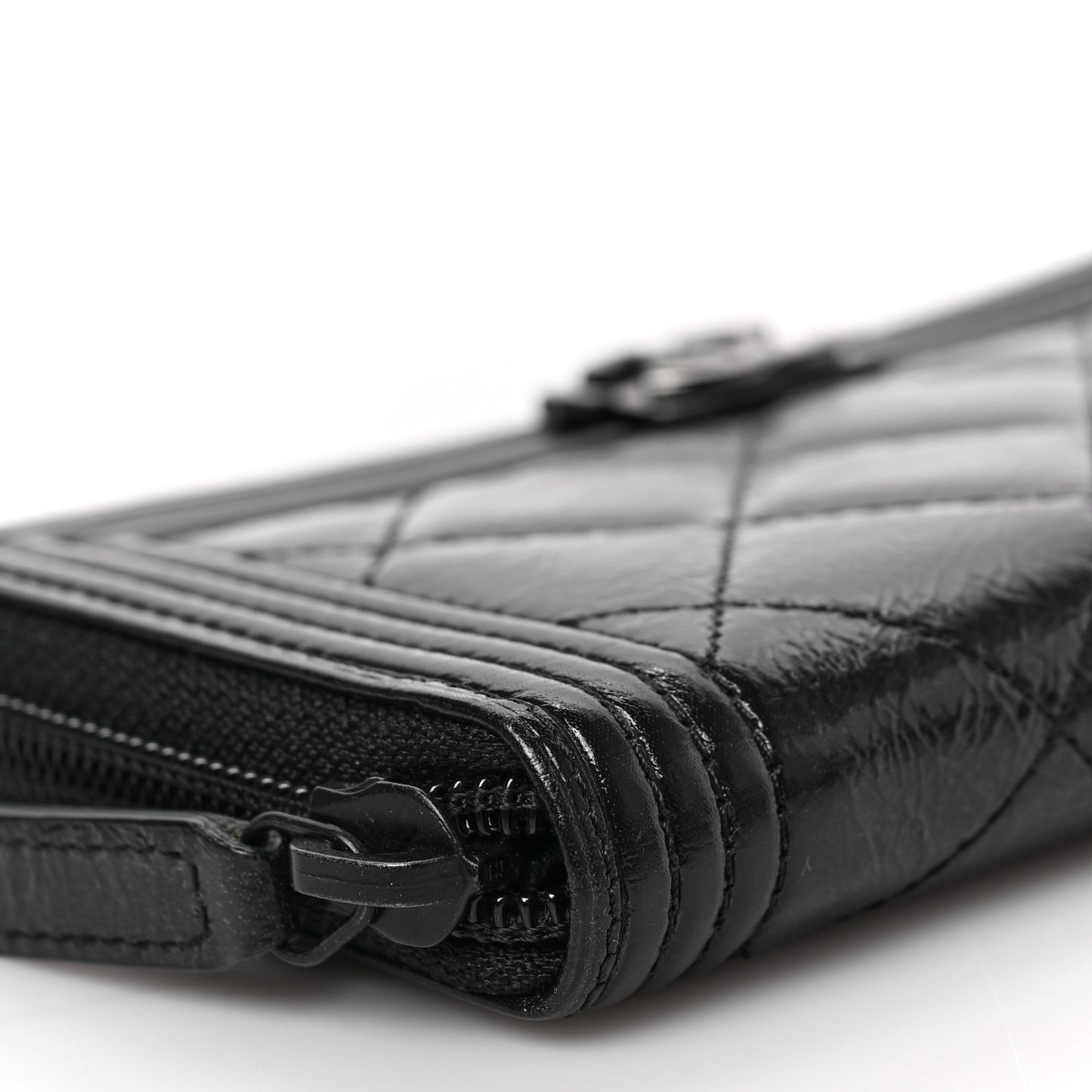 Distressed Patent Quilted Small Boy Zip Around Wallet Black