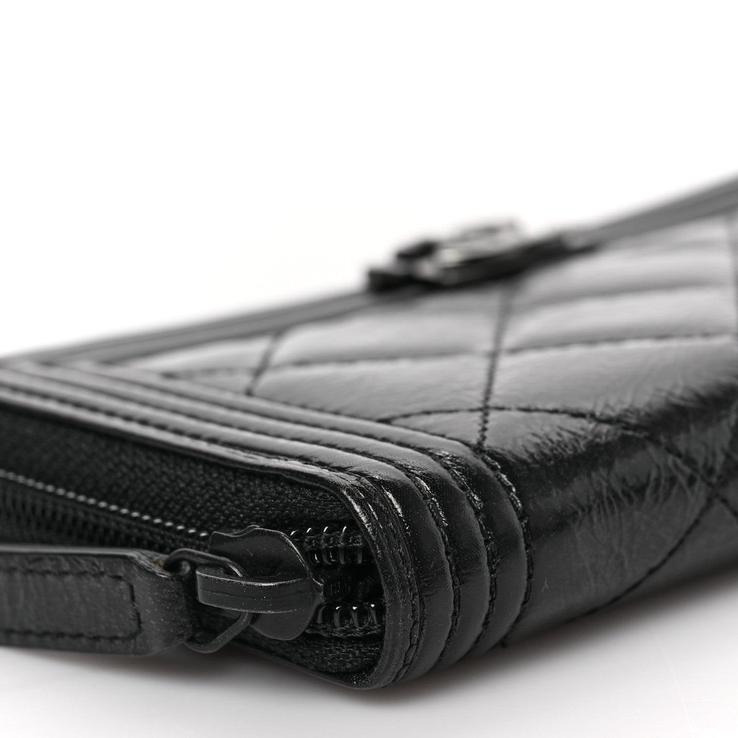 Chanel Distressed Patent Quilted Small Boy Zip Around Wallet Black 9 of 10