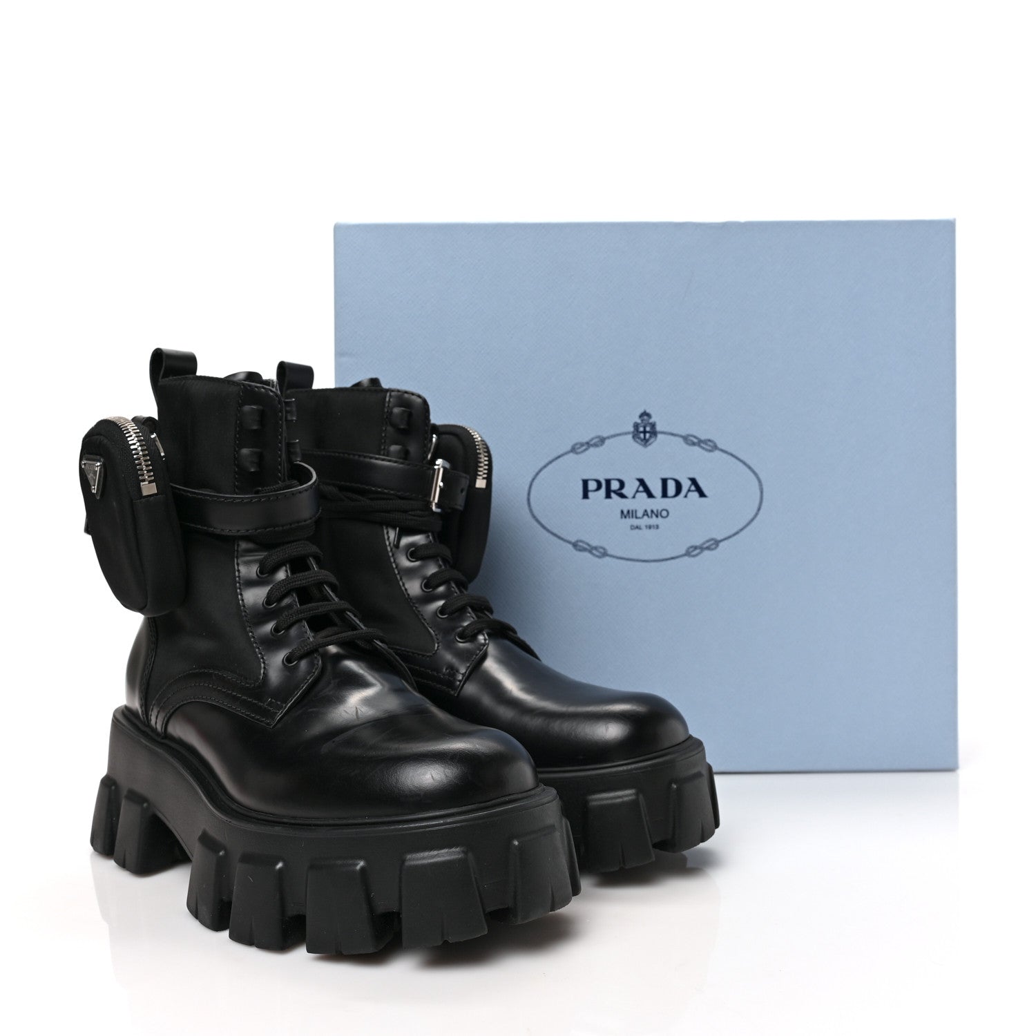 Prada Spazzolato Rois Nylon Metal Triangle Logo Monolith Pouch Pocket 55mm Boots 38 Black 8 of 8