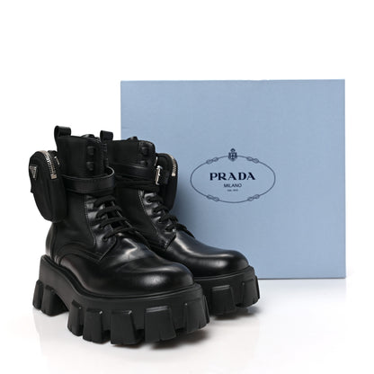 Prada Spazzolato Rois Nylon Metal Triangle Logo Monolith Pouch Pocket 55mm Boots 38 Black 8 of 8