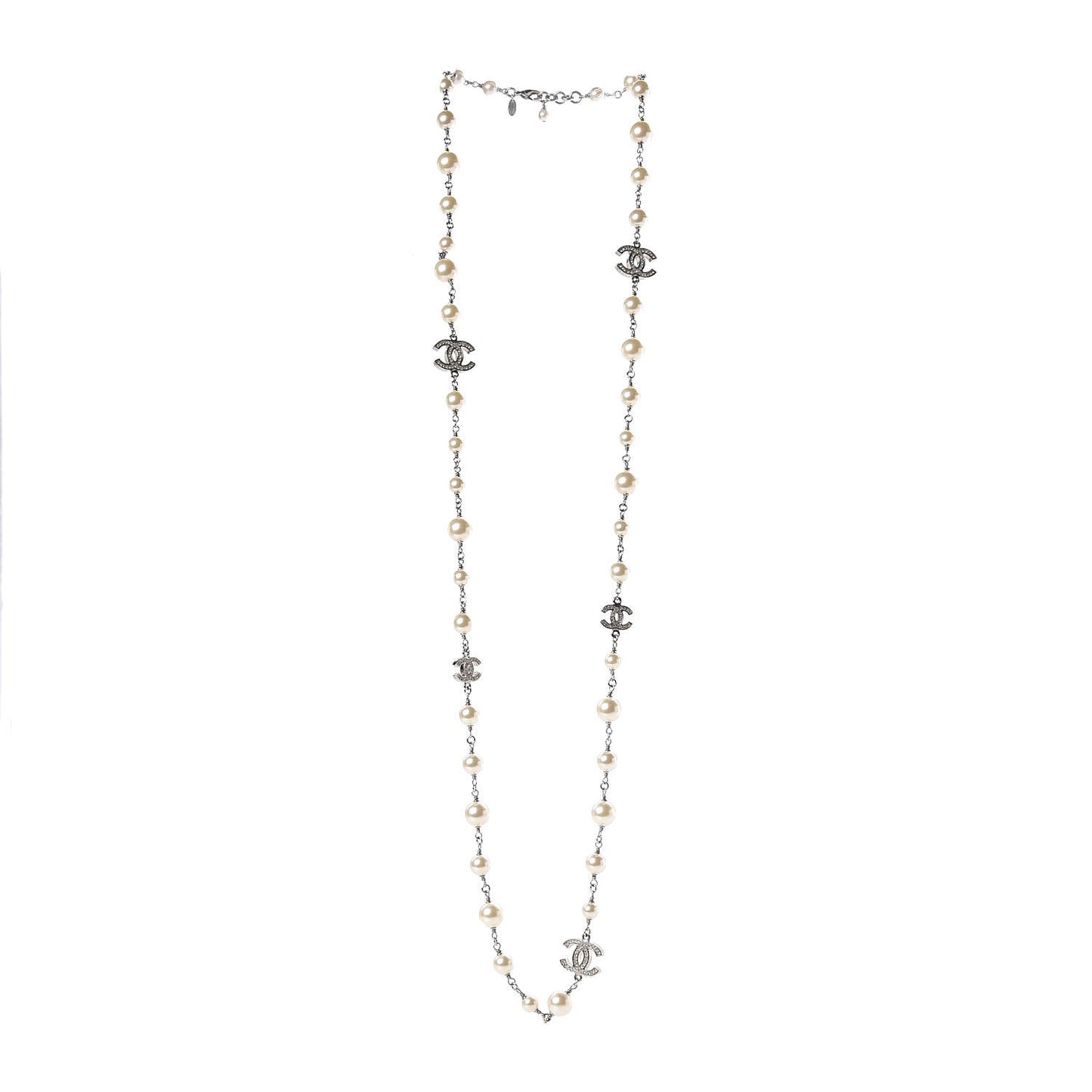 Crystal Pearl CC Long Necklace Silver