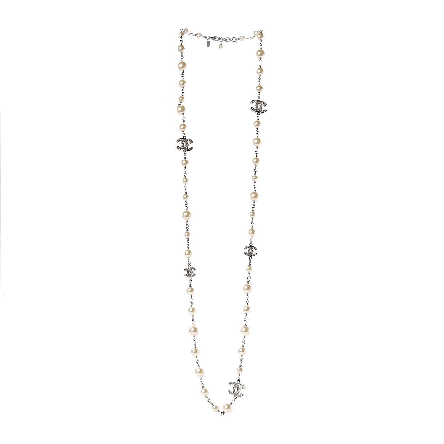 Chanel Crystal Pearl CC Long Necklace Silver 3 of 6