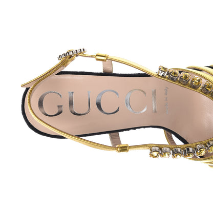 Gucci Velvet Nappa Crystal Zephyra Slingback Platform High Heel Sandals 37 Black Gold 8 of 9