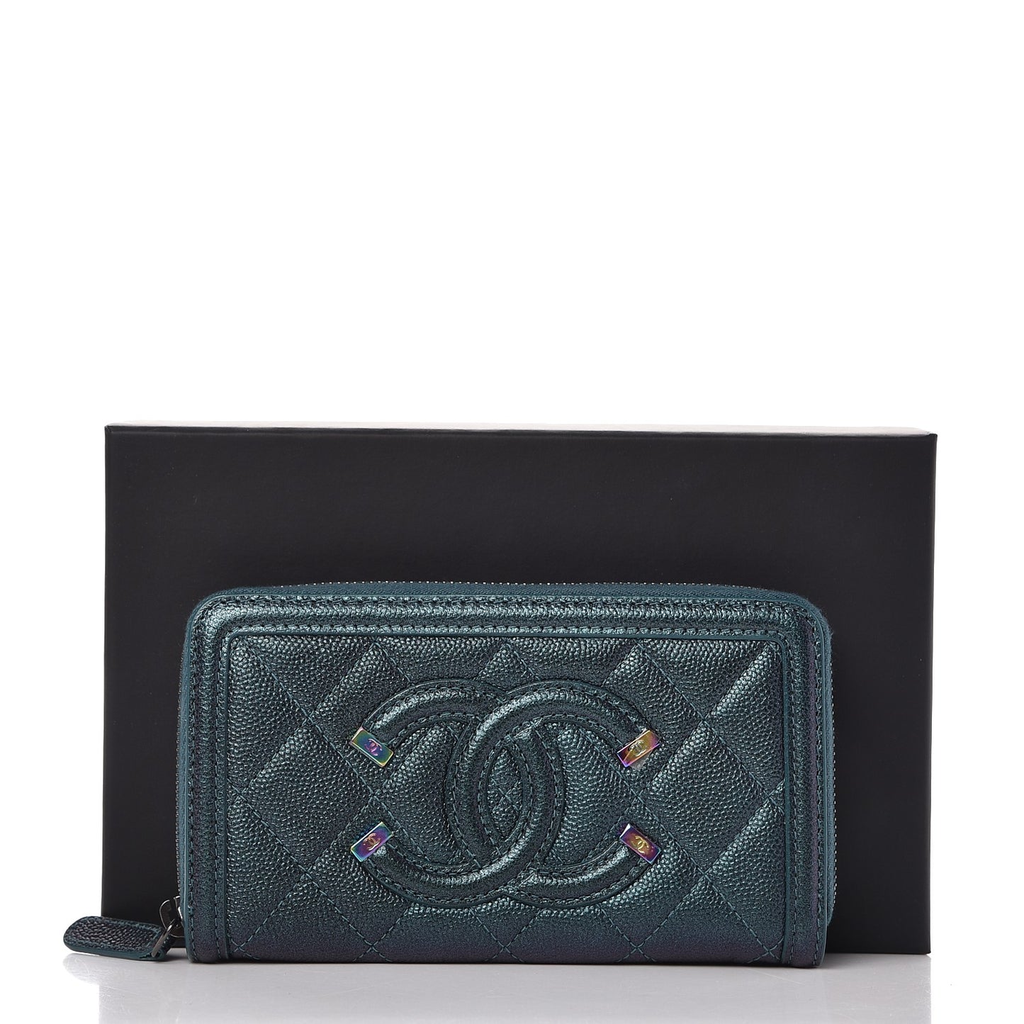 Iridescent Caviar Quilted Medium Filigree Zip Around Wallet Dark Turquoise