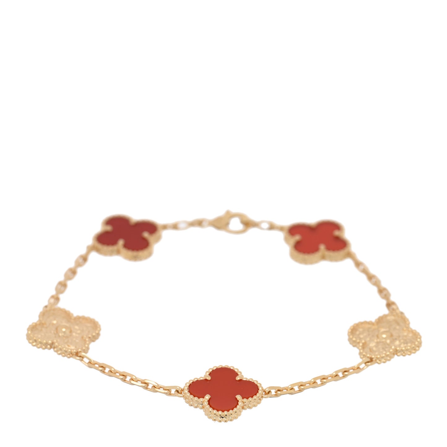 18K Yellow Gold Carnelian Hammered 5 Motifs Vintage Alhambra Bracelet