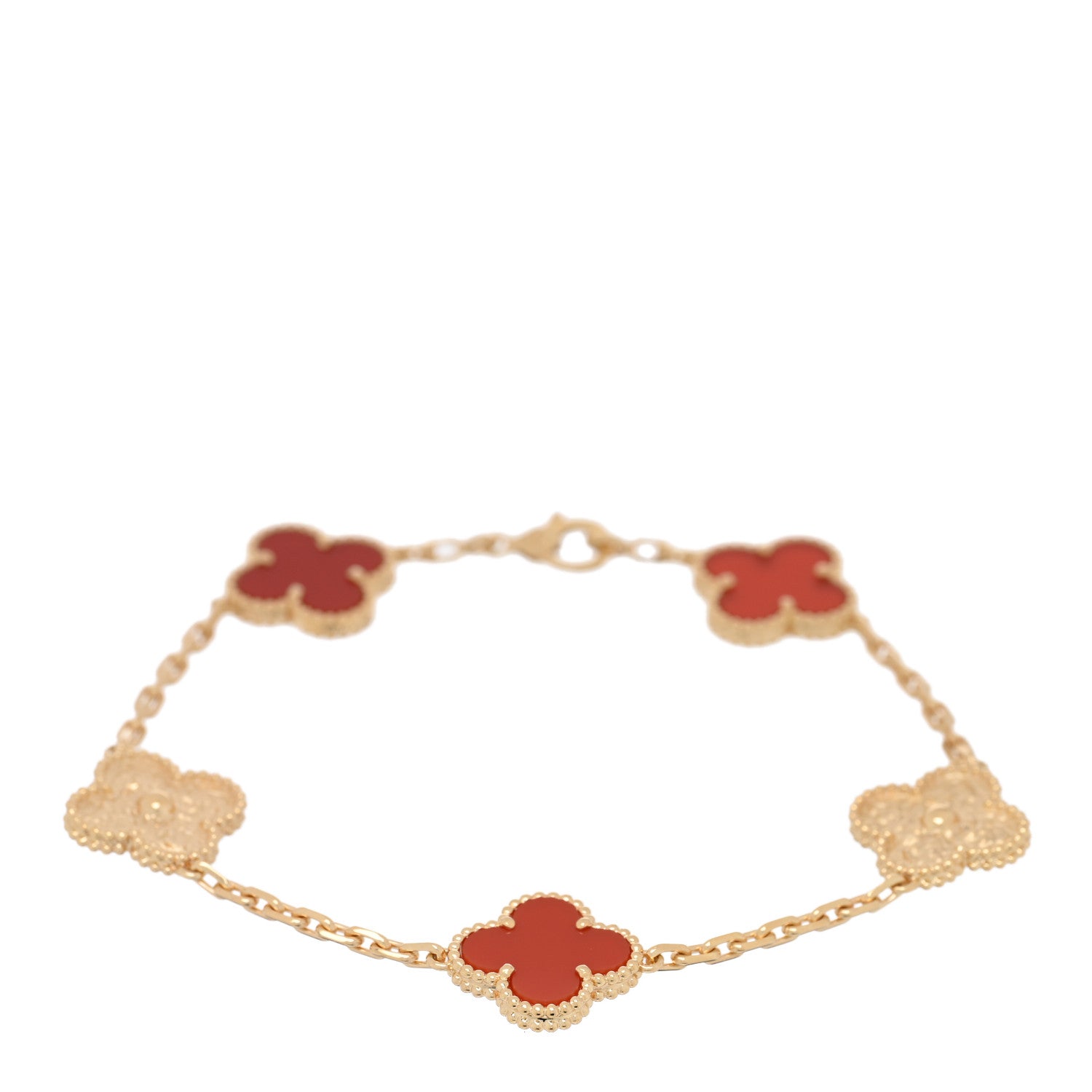 Van Cleef & Arpels 18K Yellow Gold Carnelian Hammered 5 Motifs Vintage Alhambra Bracelet 1 of 3