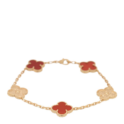 Van Cleef & Arpels 18K Yellow Gold Carnelian Hammered 5 Motifs Vintage Alhambra Bracelet 1 of 3
