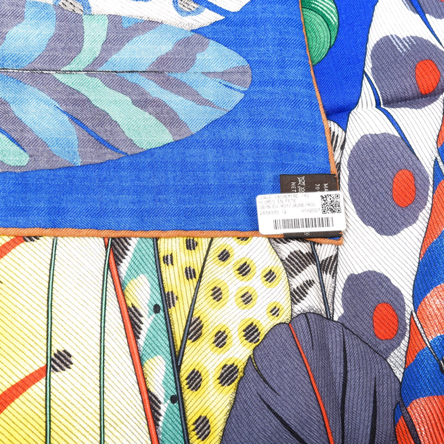 Hermes Cashmere Silk Plumes En Fete Shawl 140 Bleu Roy Jaune Rouge 4 of 7